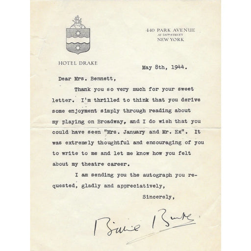 Billie Burke Autographed 1944 Letter Wizard of Oz Glinda Witch JSA COA Signed