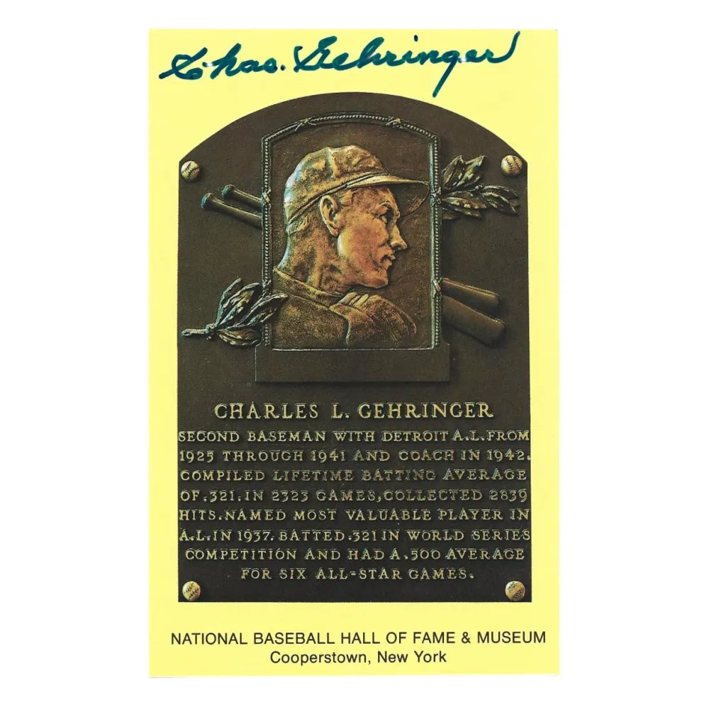 Charlie Gehringer Signed HOF Plaque Postcard JSA COA Detroit Tigers Autograph