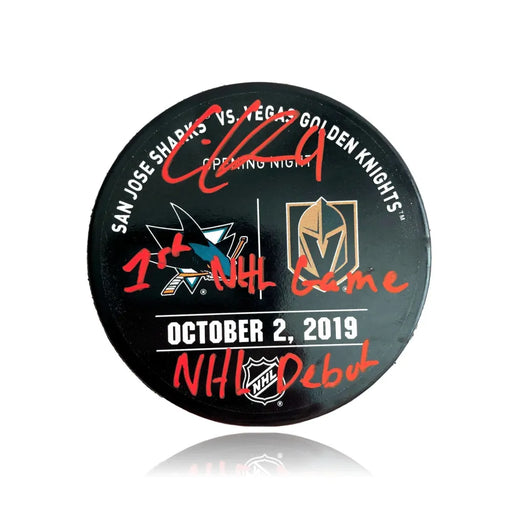 Cody Glass Signed Inscribed 1st NHL Game & Debut Used Warm Up Puck vs. Sharks