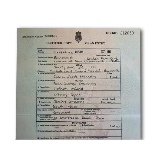 Daniel Radcliffe Certified UK Birth Certificate Copy Authentic Harry Potter J.K.