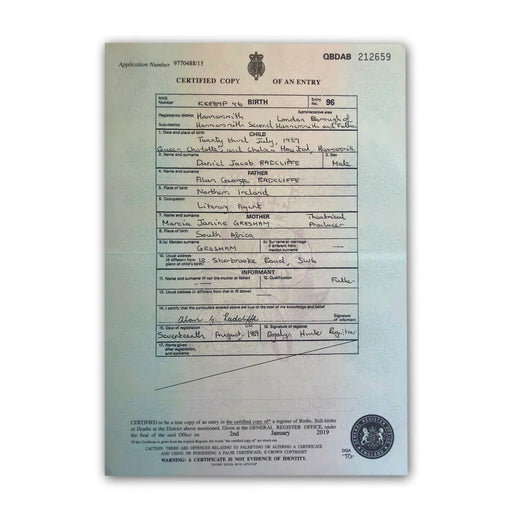 Daniel Radcliffe Certified UK Birth Certificate Copy Authentic Harry Potter J.K.