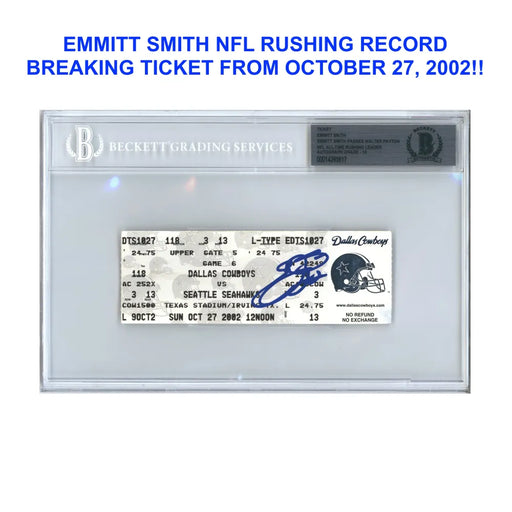 Emmitt Smith Signed Dallas Cowboys Rushing Record Breaking Ticket 10/27/02 BAS