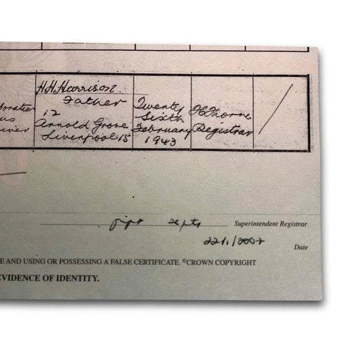 George Harrison Authentic Certified UK Birth Certificate Copy Beatles