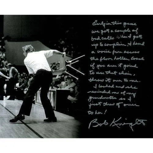 IU Hoosiers Bob Knight Handwritten/Signed Throwing Chair 16X20 Story Photo