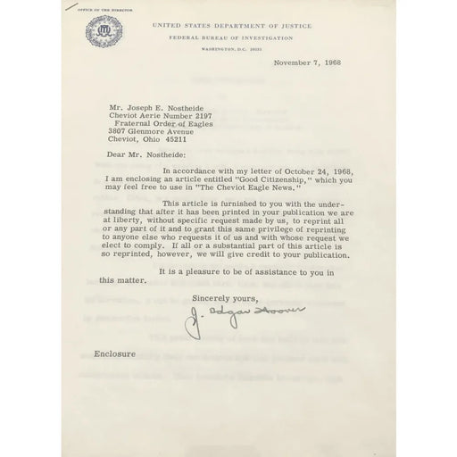 J. Edgar Hoover Signed FBI Letter Hippies & Communists Framed Collage JSA COA