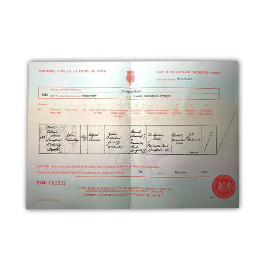 John Lennon Authentic Certified UK Birth Certificate Copy Beatles