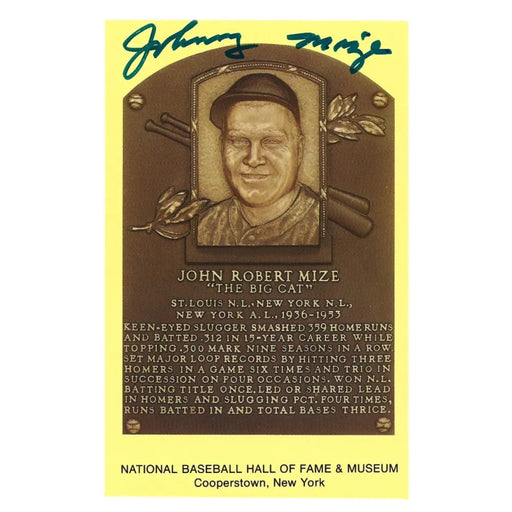 Johnny Mize Signed HOF Plaque Postcard JSA COA Giants Cardinals Autograph