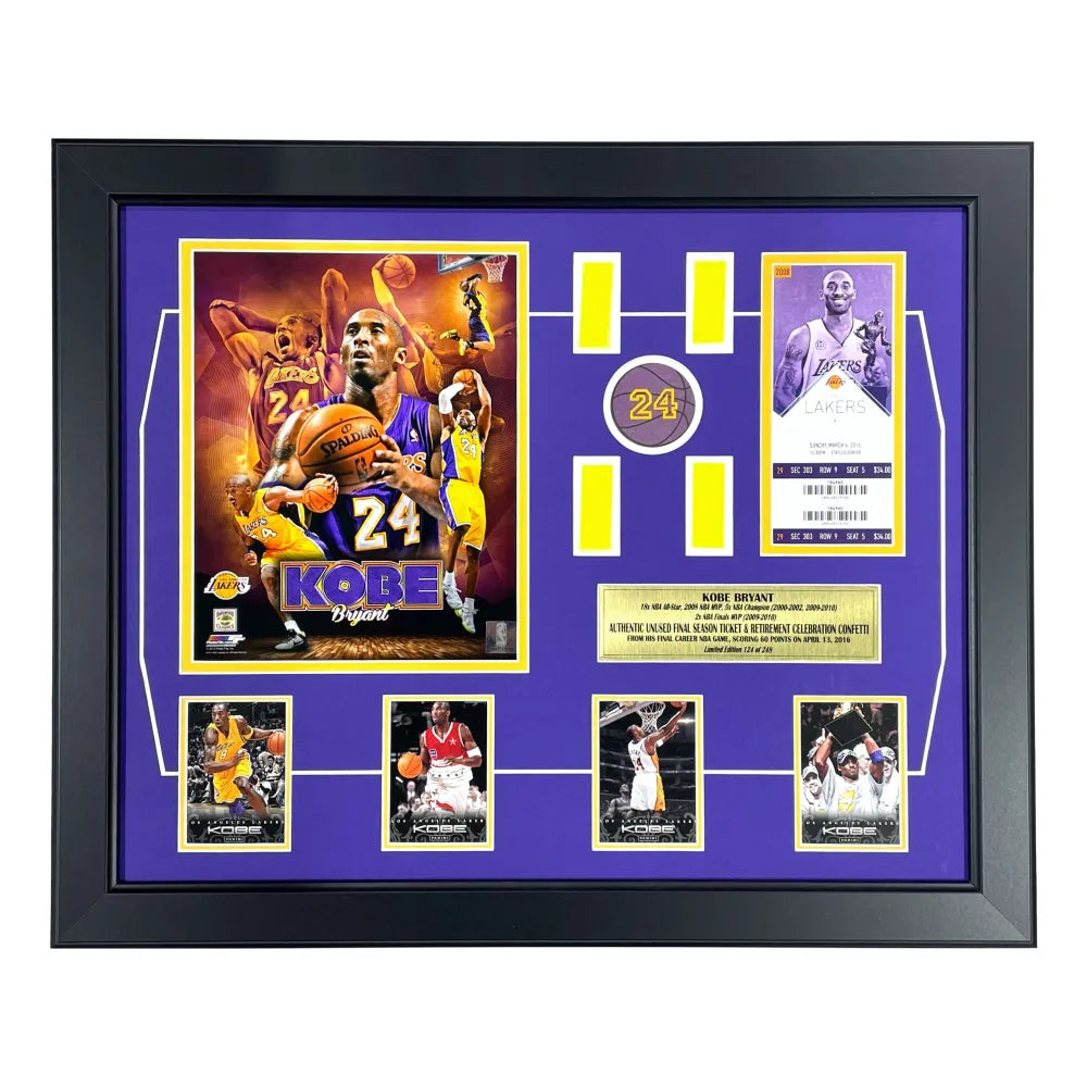 Kobe Bryant Final Lakers Game Used Authentic Confetti & Season Ticket Collage