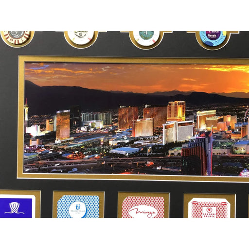 Las Vegas Hotel Casinos Authentic Playing Cards & Poker Chips Collage Framed