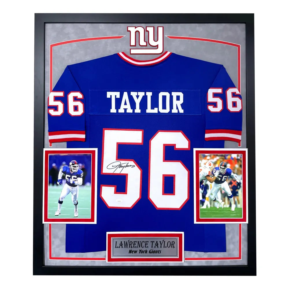 Lawrence Taylor Autographed New York Giants Blue Jersey Framed BAS Signed NY