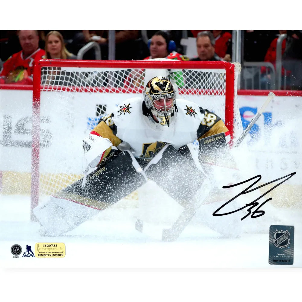 Logan Thompson Vegas Golden Knights Autographed 11 x 14 Gold Jersey with Puck Photograph - Limited Edition of 36