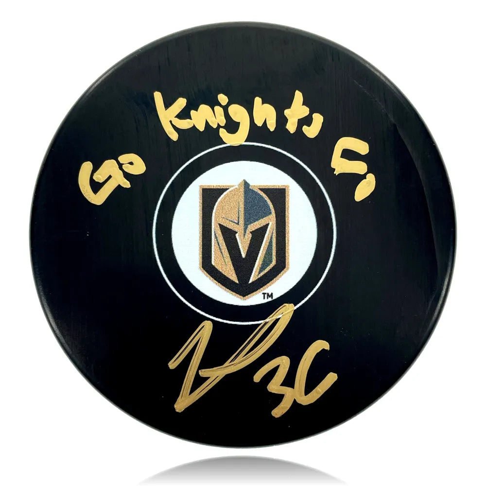 Logan Thompson Autographed Vegas Golden Knights Inscribed Go Hockey Puck COA IGM