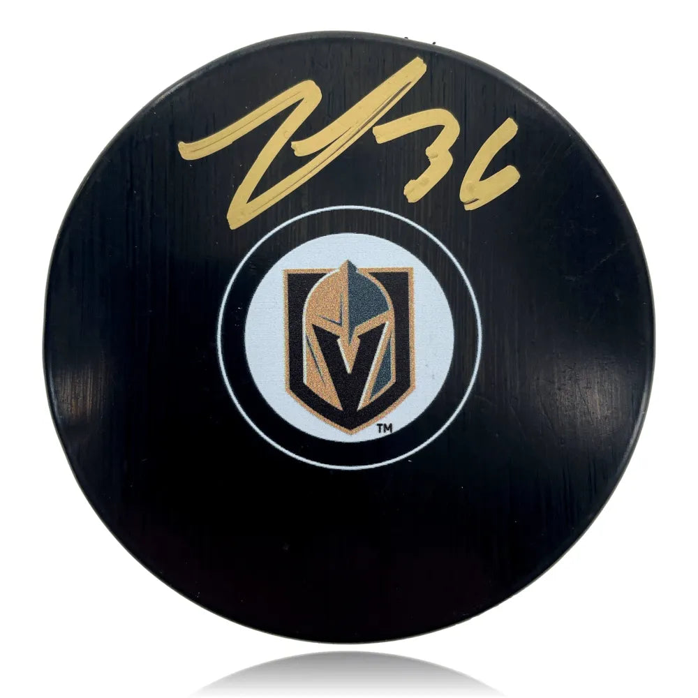 Logan Thompson Autographed Vegas Golden Knights Logo Hockey Puck COA IGM Signed