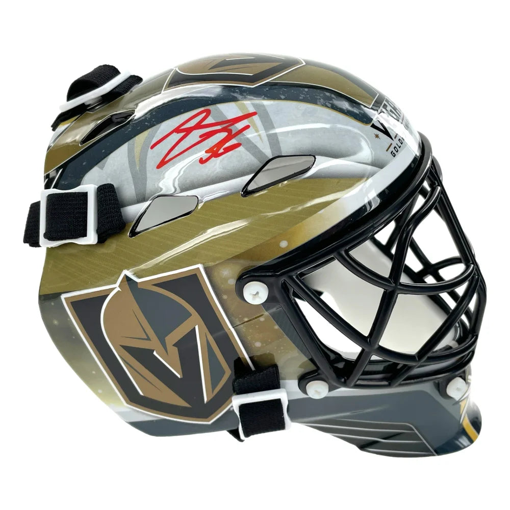 Logan Thompson Game Worn Goalie Mask 2022-23 Las Vegas Golden Knights Stanley Cup Championship Year Painted by Dave Fried Friedesigns on Bauer Shell