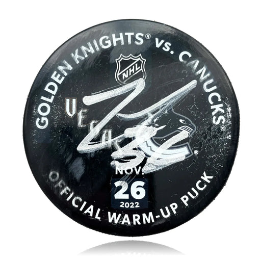 Logan Thompson Signed Vegas Golden Knights Retro Puck Glow in the Dark Game Used