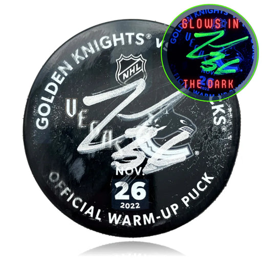 Logan Thompson Signed Vegas Golden Knights Retro Puck Glow in the Dark Game Used