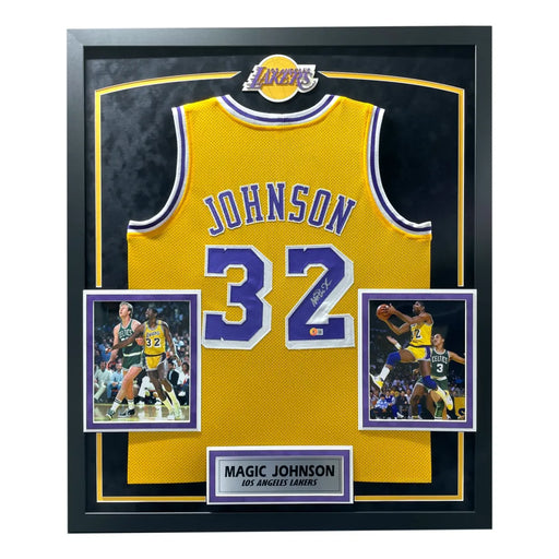 Magic Johnson Autographed & Framed Yellow Lakers Jersey Auto Beckett COA