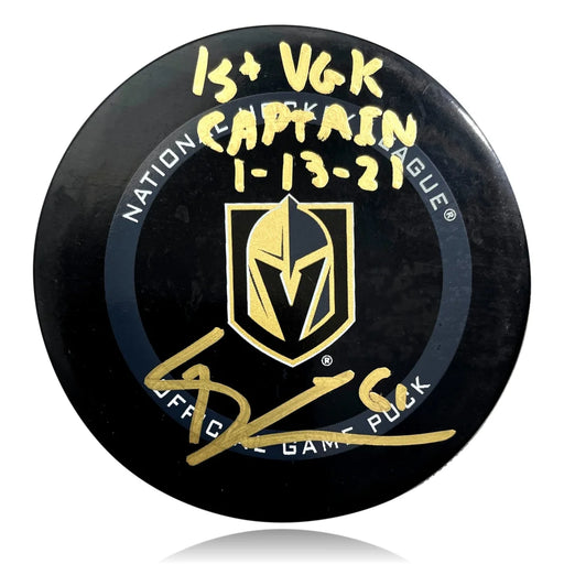 Mark Stone Autographed Vegas Golden Knights Puck Inscribed ’1st VGK Captain’ Inscriptagraphs COA Signed