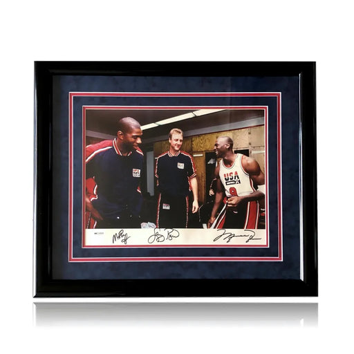 Michael Jordan Magic Bird Triple Signed 92 Dream Team USA Photo Framed UDA COA