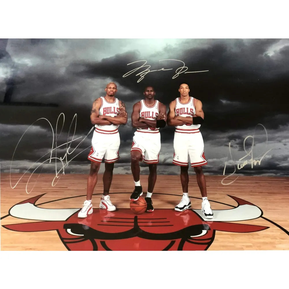 Michael Jordan Pippen Rodman Triple Signed Bulls Photo Framed COA UDA  #D/720 Scottie Dennis