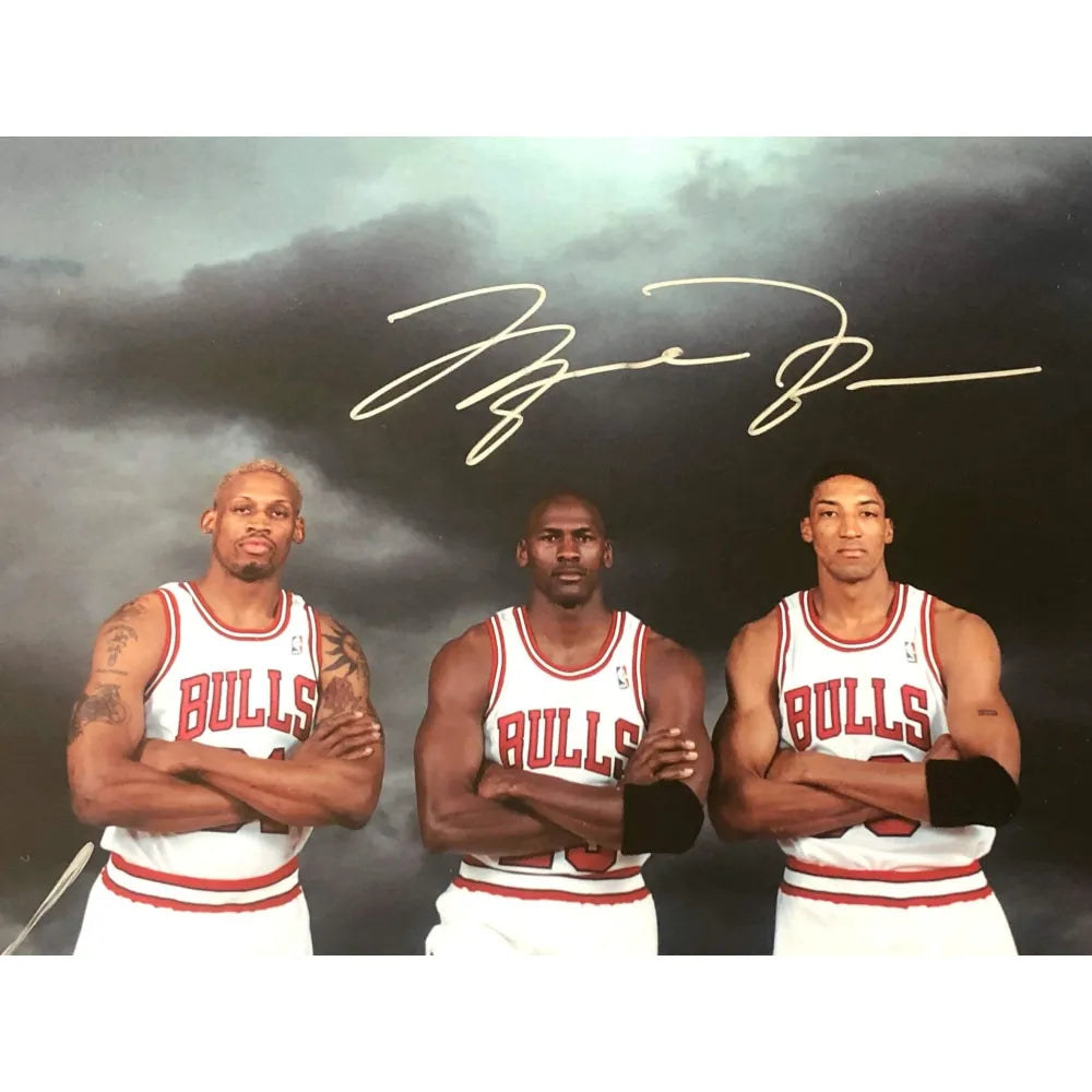 Michael Jordan Scottie Pippen Rodman Triple Signed Framed Bulls