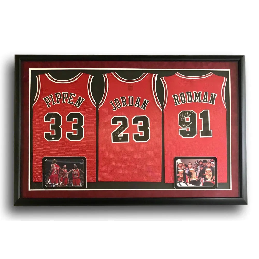 Michael Jordan Scottie Pippen Rodman Triple Signed Framed Bulls Jerseys UDA  JSA - Inscriptagraphs Memorabilia - Inscriptagraphs Memorabilia