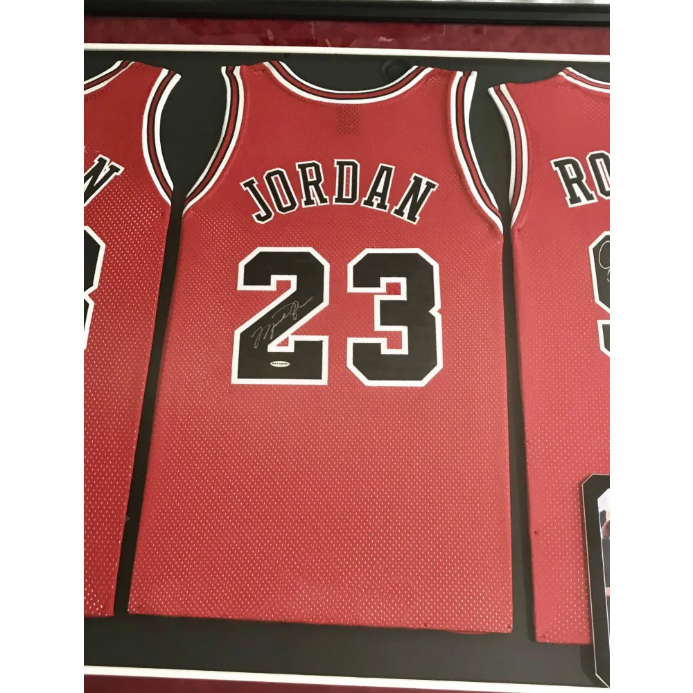 Michael Jordan Scottie Pippen Rodman Triple Signed Framed Bulls Jerseys UDA  JSA