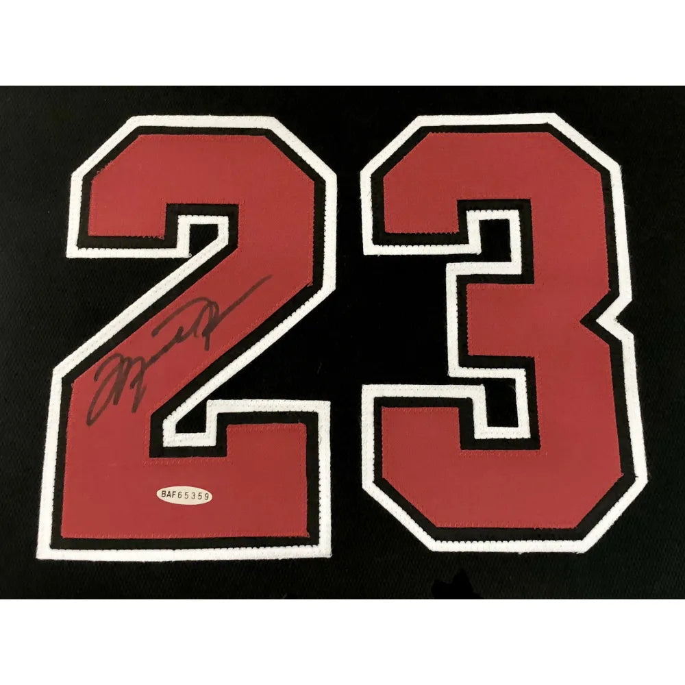Autographed Chicago Bulls Michael Jordan Deluxe Framed 36 x 44 Black  Jersey - Upper Deck