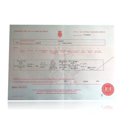 Mick Jagger Certified UK Birth Certificate Copy Authentic Rolling Stones