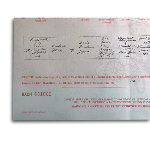 Mick Jagger Certified UK Birth Certificate Copy Authentic Rolling Stones