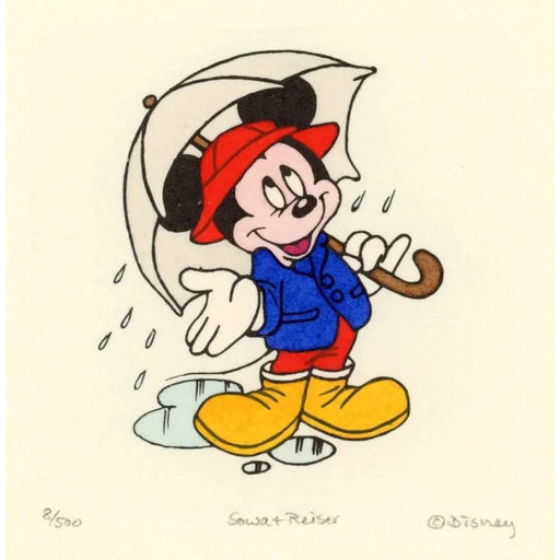 Mickey Mouse Sowa & Reiser #D/500 Hand Painted Cartoon Etching Art In The Rain