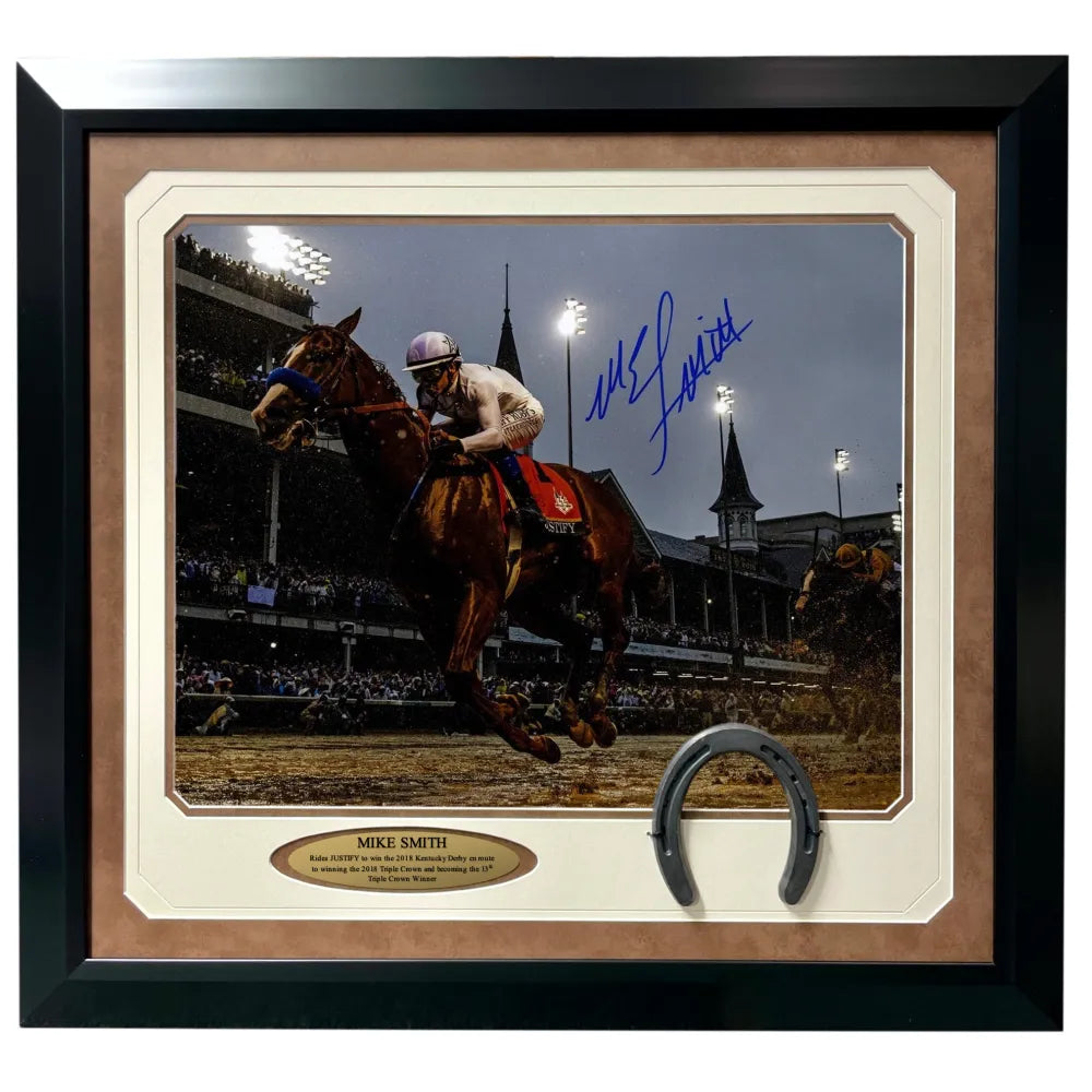 Mike Smith Signed Justify 16x20 Photo Framed Steiner COA Kentucky Derby 2018