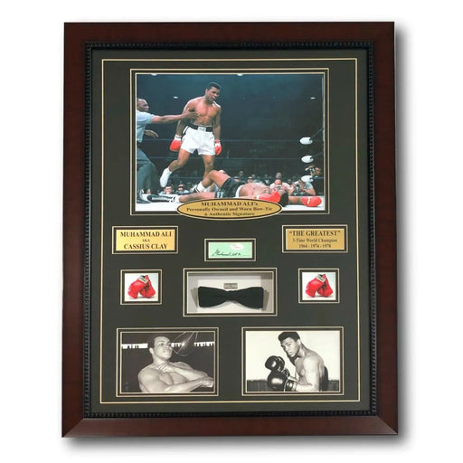 Muhammad Ali Authentic Worn Bow Tie Collage W/ Autograph JSA + COA Framed