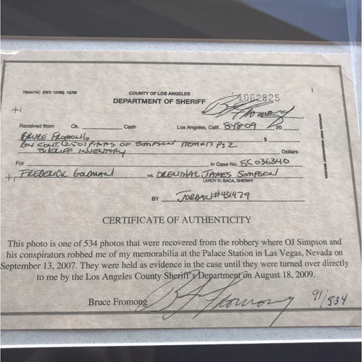 O.J. Simpson Signed 8X10 ’Evidence Photo From Actual Robbery In Vegas’ COA OJ Rare