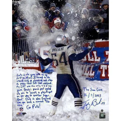 Patriots Great Tedy Bruschi Handwritten/Signed Snow Game 16X20 Story Photo Le/50