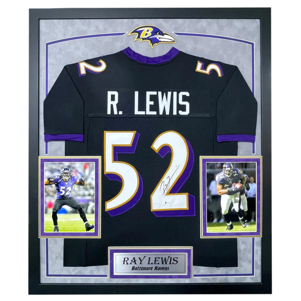Ray Lewis Framed and Autographed White Ravens Jersey (24x30)