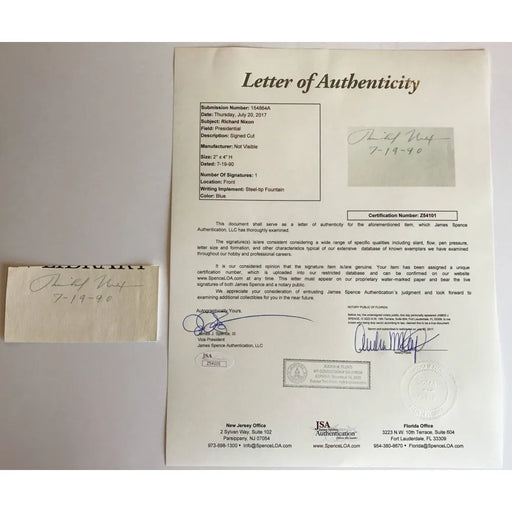 Richard Nixon Signed Cut President JSA COA Autograph Dated Watergate Republican
