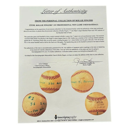 Rollie Fingers Owned Very 1st Pro Career Win Game Used Baseball - Personal COA
