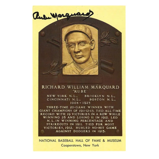 Rube Marquard Signed HOF Plaque Postcard JSA COA Giants Dodgers Reds Autograph