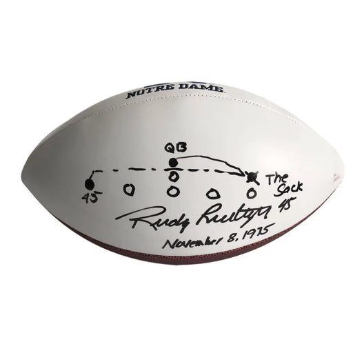 Rudy Ruettiger Signed Notre Dame Logo Football W/ Hand Drawn Sack Play JSA COA