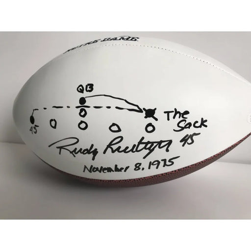 Rudy Ruettiger Signed Notre Dame Logo Football W/ Hand Drawn Sack Play JSA COA