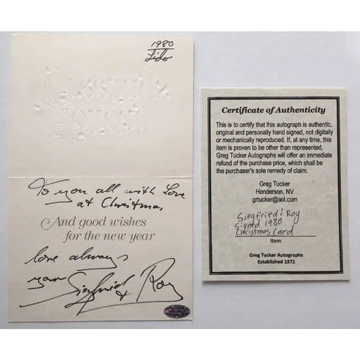 Siegfried & Roy Dual Signed Christmas Card Rare COA Greg Tucker Autograph