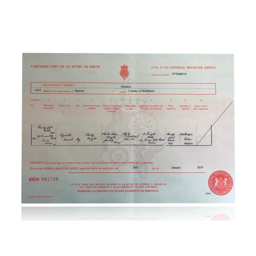 Sir Elton John Certified UK Birth Certificate Copy Authentic Un Signed Rocketman