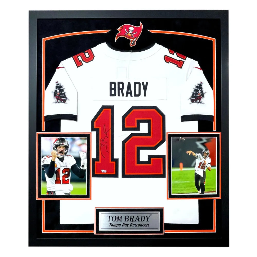 Tom Brady Signed Tampa Bay Buccaneers Framed White Jersey Fanatics  Autograph 12 - Inscriptagraphs Memorabilia