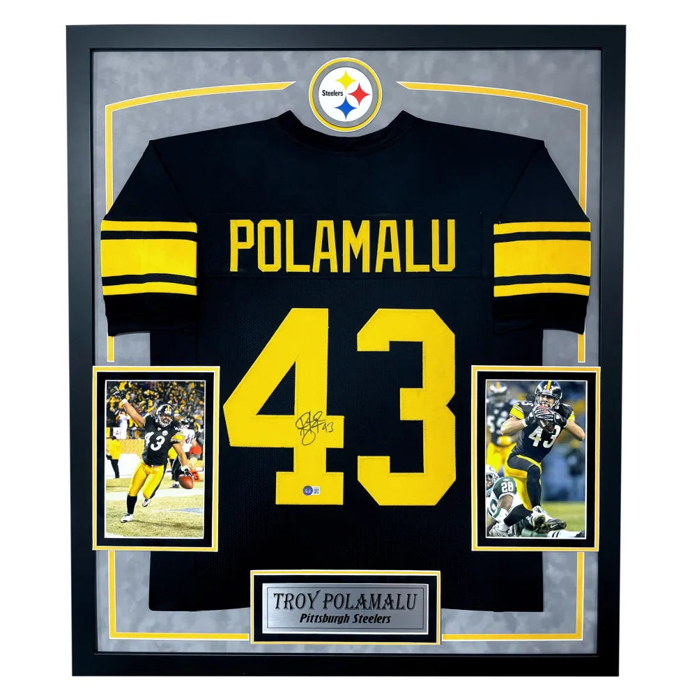 Troy Polamalu Autographed Pittsburgh Steelers Black Jersey Framed BAS  Signed - - Inscriptagraphs Memorabilia