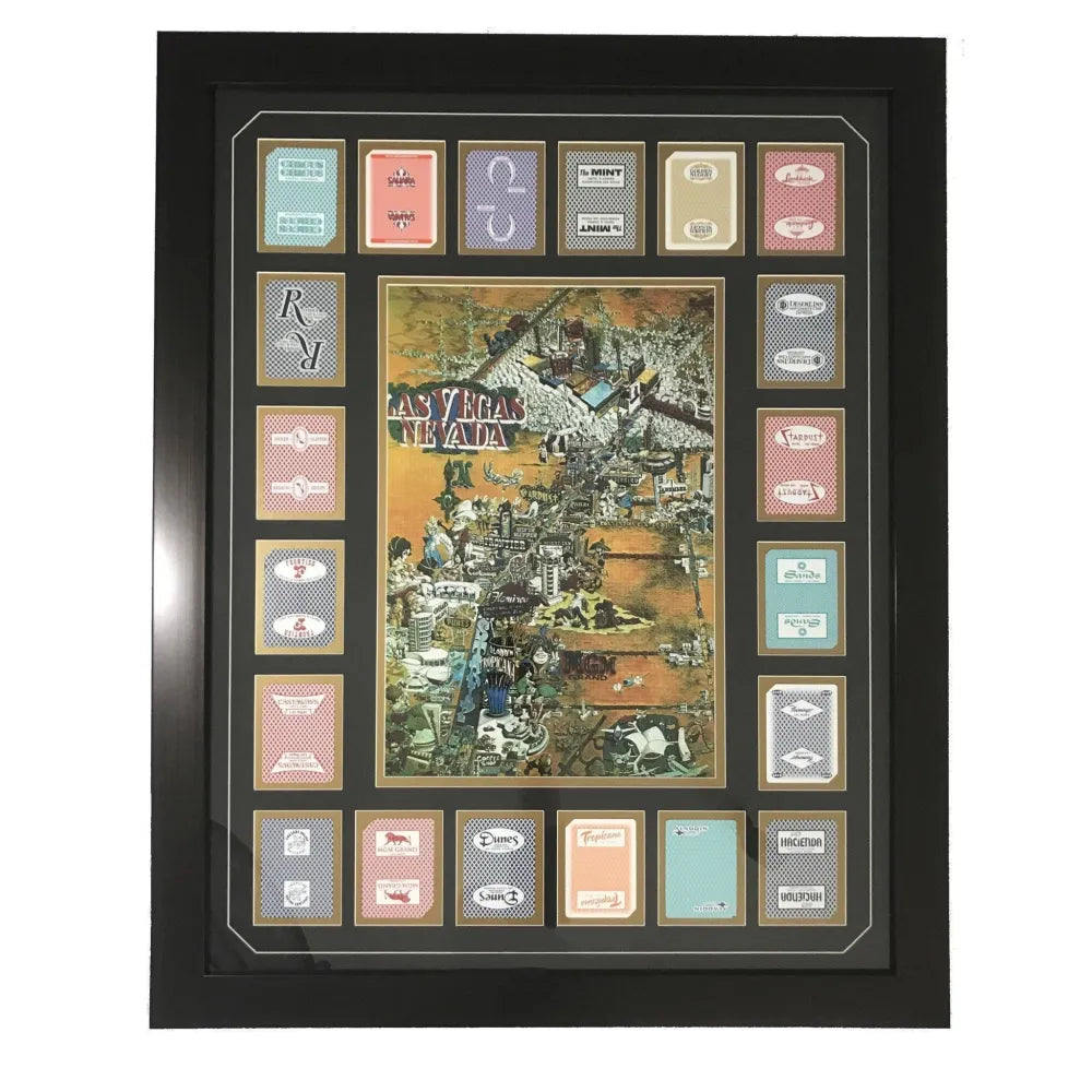 Vegas Throwback Cartoon Map W/ 20 Authentic Playing Cards Collage Framed #D/100