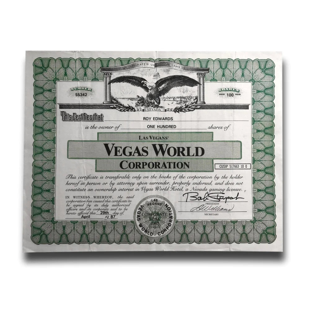 Vegas World Las Hotel - Stock Certificate - Bob Stupak Casino Shares Strip