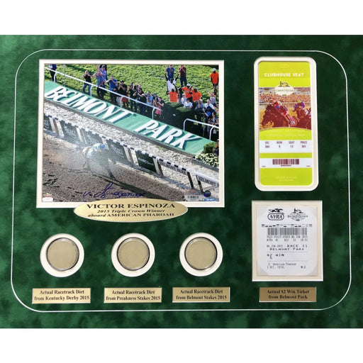 Victor Espinoza Triple Crown Framed Signed 8X10 Photo W/ Race Used Dirt Ticket