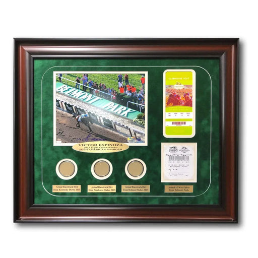 Victor Espinoza Triple Crown Framed Signed 8X10 Photo W/ Race Used Dirt Ticket