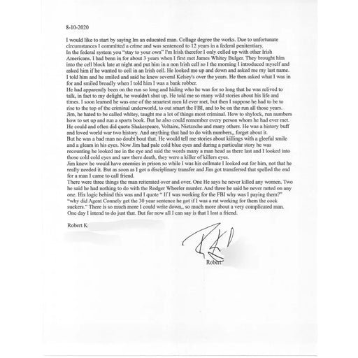 Whitey Bulger Hand Written Signed Letter Warden of Alcatraz JSA COA from Prison